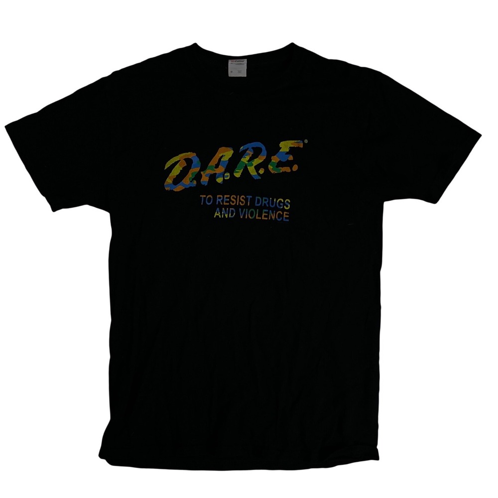 Fruit of the Loom DARE T-Shirt Mens Medium Black Camo Logo Graphic Tee 90s Style